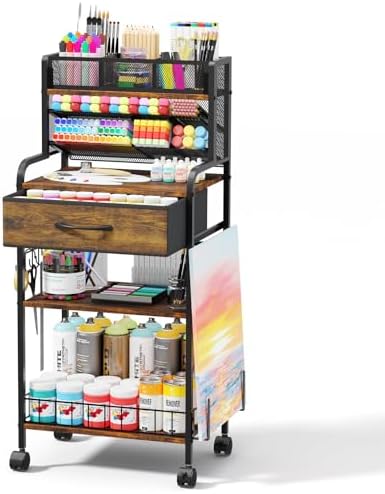 Homsorout Art cart, 3 Tier Rolling Cart - Utility Cart with Storage Drawer and Wheels, Versatile Art & Craft Organizer for Home, Office, or Studio Ideal for Storing Brushes, Paints （Brown）