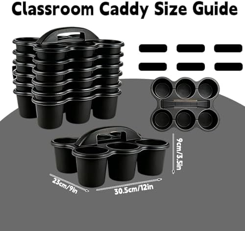 6 Pack Classroom Caddy Organizer with Handle Black Plastic Table Caddy 6 Compartments Storage Cup Holder for School Supplies Art Crafts Crayons Pencils Stackable Desk Caddy for Office Home