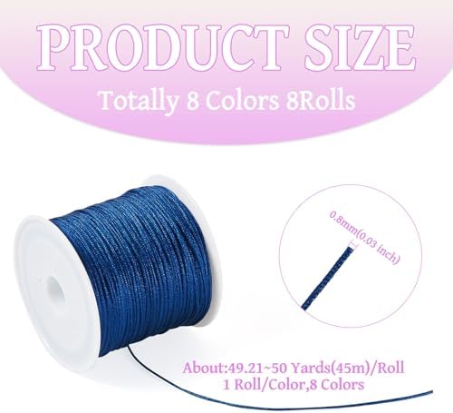 8 Rolls 0.8mm Nylon Beading String Friendship Bracelet String 400 Yards Macrame Nylon Cords Colorful Braided Thread Chinese Knotting Cord for Kumihimo Necklaces Tassels Jewelry Making