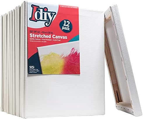 iDIY Stretched Canvas Board 8 x 10 (Set of 12) 5/8" - Classic White Blank, Pre Primed for Oils or Acrylics, 100% Cotton, Acid Free - Professional Grade for Painting or Art Project, Craft, Mixed Media