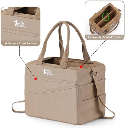 Art Craft Supply & Pottery Bag – 36 Pockets – Detachable Shoulder Strap - Handles – Removable Padded Divider - Washable – Tools, Knitting, Crochet, Yarn, Sewing, Scrapbooking, Clay, Tote