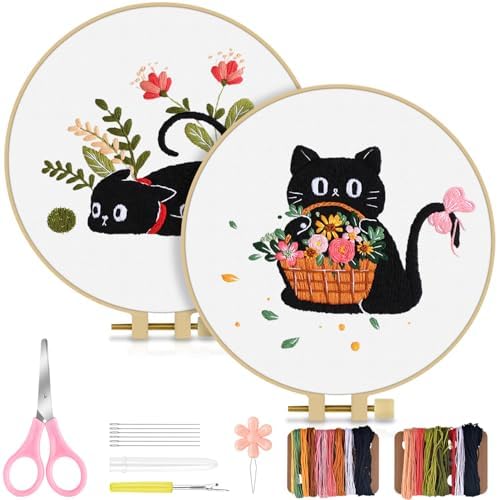 TINDTOP 2 Pack Embroidery Kit for Adult Beginners, Embroidery DIY Starter Kit, with Black Cat and Flowers Stamped Patterns, Hoop, Tools, Colorful Threads with Needles, Instructions