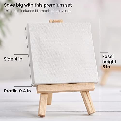 ARTEZA Mini Canvas and Easel Set, 4 x 4 in, Pack of 14, Small Stretched Canvases with Easels for Acrylic Painting, Crafts, and Tabletop Display