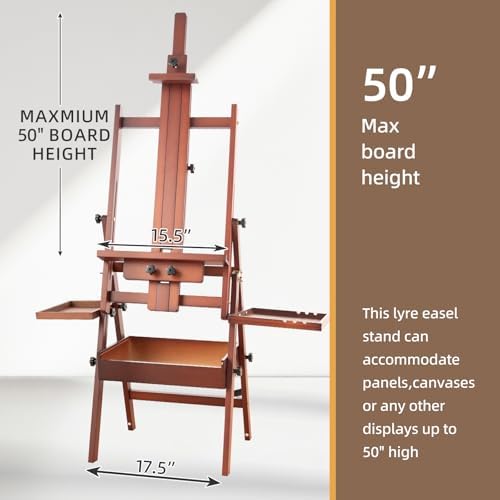 Horizontal Beechwood Studio Easel with Drawer and Palettes, Walnut | H-Frame Solid Wooden Painting Easel for Students, Beginners, and Artists, Hold Canvas to 50Inches High
