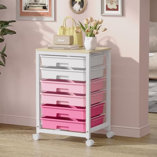 Sykiariol Rolling Cart with 6 Drawers,Pink