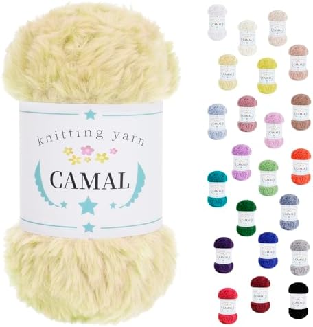 CAMAL Soft Faux Fur Yarn for Crocheting Blanket, 65 Yards Chunky Eyelash Yarn for Knitting Hats, 100 Grams Fuzzy Velvet Crochet Thread for Dolls, Earmuffs, Bags (Light Yellow)