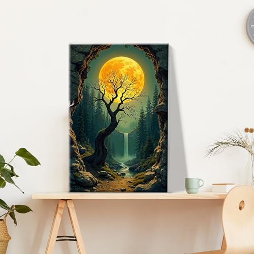 JOOZ Paint by Numbers Kit for Adults with Frame Moon Paint by Number with Easel Tree Adult Paint by Number Kits Framed Canvas Mountain Waterfall Oil Painting Kits for Gift Home Wall Decor 8x12 Inch