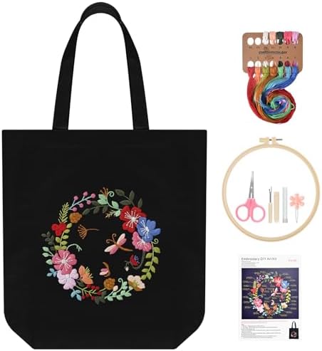 ERKOON Canvas Tote Bag Embroidery Kit for Beginners, Floral Arts Crafts Cross Stitch Kits for Adults Including Stamped Embroidery Bag with Hoops, Needle, Instruction and Color Threads(Wreath)