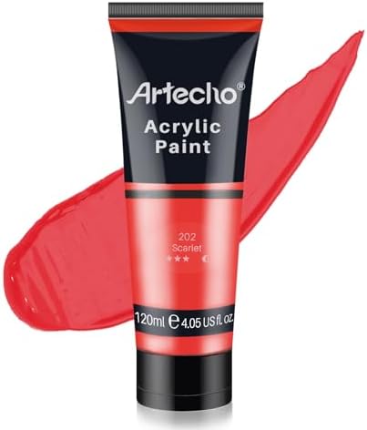 Artecho Red Acrylic Paint, Scarlet Red Paint (120ml / 4.05oz) Tubes, Art Craft Paints for Canvas, Rock, Stone, Wood, Fabric, Art Supplies | Semi Glossy Finish, High Pigment Rich Color Craft Paint for Canvas, Rocks, Wood, Fabric, Ceramic, Non-Toxic