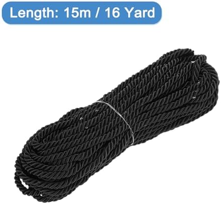 MECCANIXITY Twisted Cord Trim, 16 Yard 6mm 3-Ply Twine Braided Rope Shiny Thread String for Craft Gift Bag Curtain Christmas Decor, Black-15m