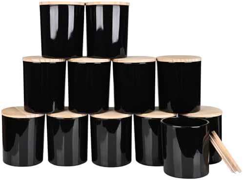 SHOWIN Thick Candle Jars for Making Candles 12 Pcs, 14 OZ Empty Jars with Wood Lids for Candle Making, Sample Container, Glossy Black