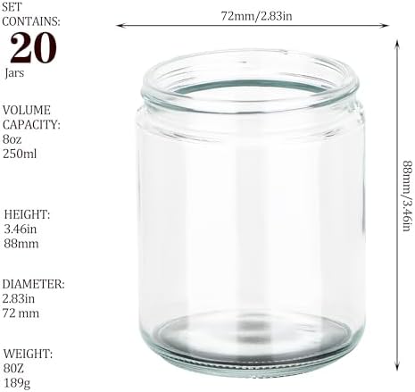 MILIVIXAY 20 Pack 8 OZ Thick Glass Clear Candle Jars with Silver Lids-Bulk Empty Candle Jars for Making Candles-Canning Jar for Spice, Liquid, Sample- Dishwasher Safe.