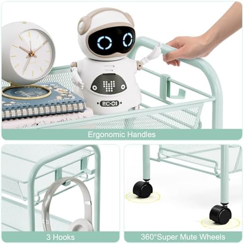 TOOLF 4 Tier Rolling Cart, Metal Utility Storage Cart with Wheels, Green | 3 Hooks, Screwless Assembly, Trolley Organizer for Bathroom, Kitchen, Office, Nursery, Dorm, Laundry Room