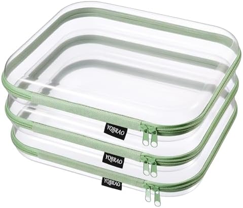 YQBRAO Clear Hard Shell Zipper Cases, 3 Large Travel Organizers, Green