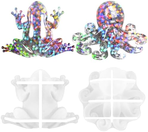 2 Pack Animal Silicone Molds, Frog Resin Molds with Realistic Frog and Octopus Shapes, 3D Lifelike Silicone Molds for Resin Casting, DIY Crafts Halloween Home Wall Desktop Decor (Frog&Octopus)