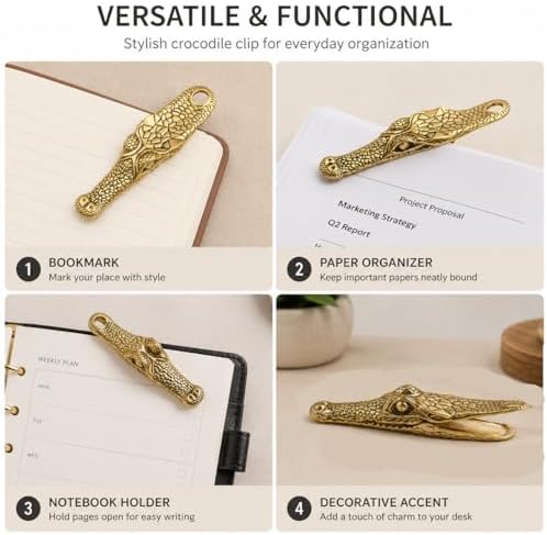 Vintage Crocodile Head Journal Clip - 3.4 Inch Heavy Duty Alligator Metal Book Clip Pin, Solid Decorative Bookmark Paper Organizer Notebook Holder Planner for Home Office Desk