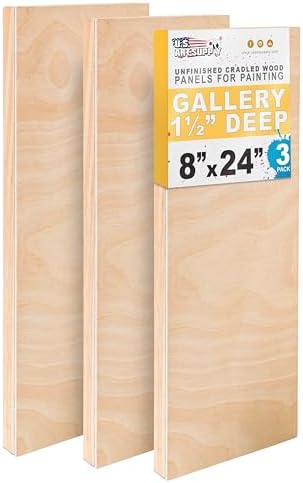 U.S. Art Supply 8" x 24" Unfinished Cradled Wood Panels for Painting | Gallery 1-1/2" Deep (3 Pack) - Artist Depth Wooden Wall Canvases - Mixed-Media Craft, Acrylic, Oil, Encaustic, Paint Pouring
