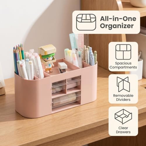 Makeup Organizer with Drawers, Vanity Storage Box, Pink