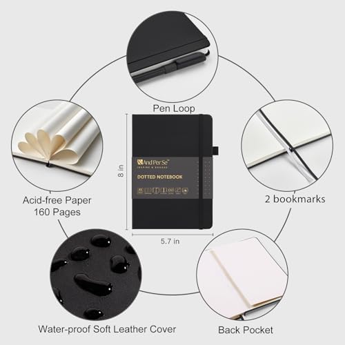 &And Per Se Dotted Notebook with Pen, A5 Hardcover Dotted Journal, 160 Pages 100GSM Thick Paper Dot Grid Journal with Fineliner Pen (Black)