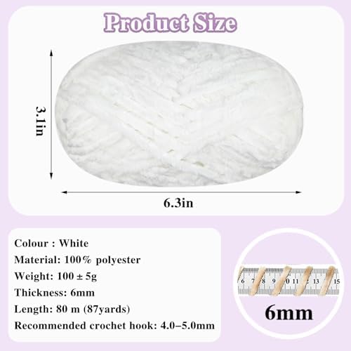 4 PCS 400g Soft Chenille Velvet Yarn for Crocheting,Fluffy Warm Yarn for Knitting and Crochet DIY Craft Blanket Bag Hat Scarve Clothe Gloves Slippers Doll（White）