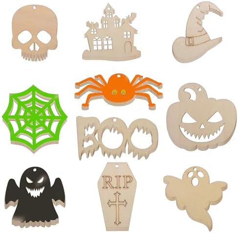 60PCS Unfinished Blank Wooden Halloween Cutouts Craft for Kids | suit for Children's Painting DIY Room Decoration Gift Giving Surprise (Halloween)