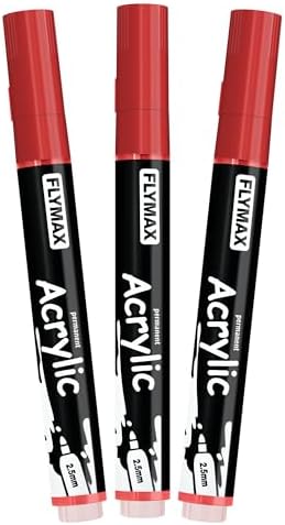 FLYMAX Red Marker Paint Pens - Permanent Marker Pens Red Acrylic Paint Water-Based 2.5mm Medium Tip Waterproof Quick-Drying (3 in 1Pack)