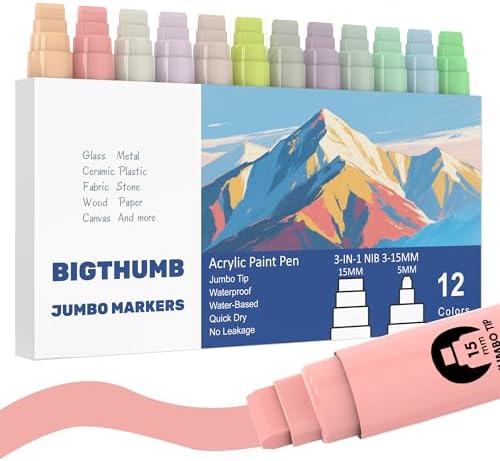 BIGTHUMB Jumbo Poster Markers Set: 12 Pastel Colors Large 15mm Wide Tip Permanent Ink Thick Acrylic Paint Pens for Rock Painting, Stone, Glass, Wood, Ceramic, Metal, Plastic, Fabric