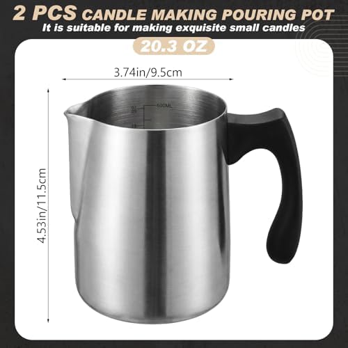 2 Pcs Wax Melting Pitcher 20oz 304 Stainless Steel Wax Pouring Pitcher Double Boiler Candle Making Pouring Pot with Heat-resistant Handle, Dripless Spout for Soy DIY