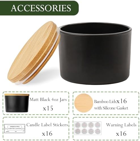 CONNOO 15 Pack 4oz Matte Black Glass Candle Jars with Airtight Bamboo Lids