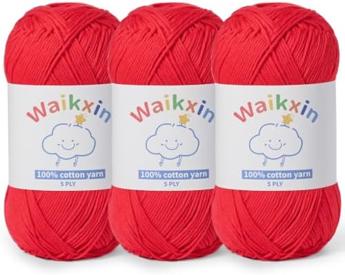 3 Pack of 100% Cotton Yarn for Crocheting,Baby Yarn for Crocheting Soft,5 Ply Milk Cotton Yarn,#2 Sport Weight Cotton Yarn,10.6oz/787.4yds Amigurumi Yarn for Puzzle,Clothes&DIY Crafts.(3 Red)