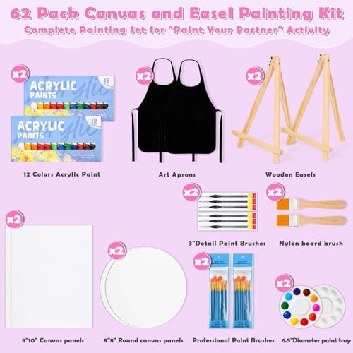 Date Night Painting Kit, 62 Pcs Detail Paint Brushes Canvas Panels with Wood Easel 12 Colors Acrylic Paint, Circular Canvas Art Aprons Sip and Paint Supplies for Adults and Beginner