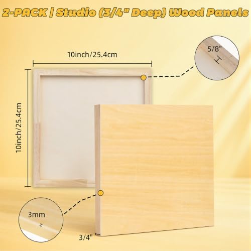 2 Pack 10x10 Basswood Wood Canvas Panels – Studio 3/4'' Deep Cradle Wood Art Boards for Pouring Art, Crafts, Oil & Resin Art - Sturdy Wood Painting Boards for Artists and DIY Crafters
