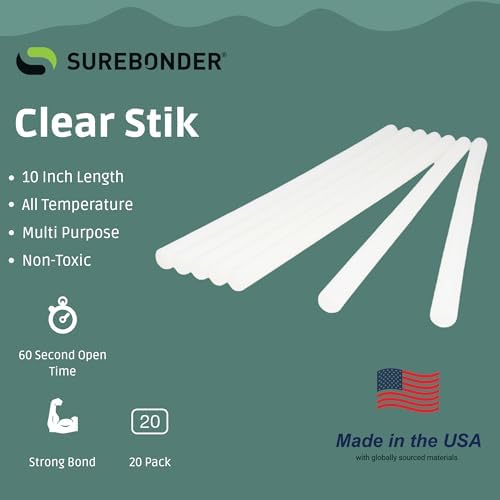 Surebonder Full Size Hot Glue Sticks Long, 20-Pack, Clear, Non-Toxic, Multi-Temp, 10-Inch x 0.43-Inch for Full Size Glue Guns, DIY, Arts, Crafts & Home Repairs