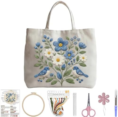 ARTopet Embroidery Tote Bag Kit for Beginners Flower Canvas Cross Stitch Handbag with Hoops Needles Threads Reusable Grocery Bag for Women-Bird