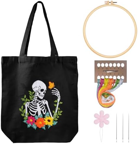 Louise Maelys Halloween Embroidery Kit Canvas Tote Bag, Skull Floral