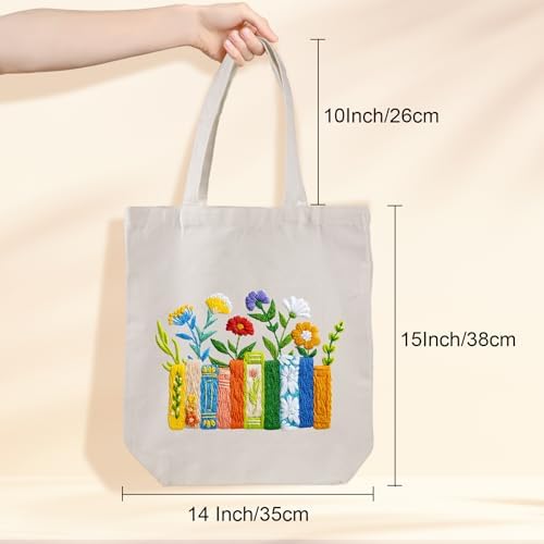 Louise Maelys Book and Flowers Embroidery Kit Canvas Tote Bag for Beginners