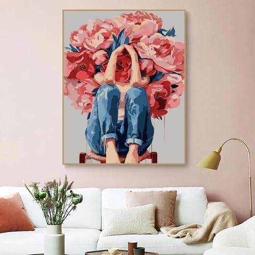 ZRIZQ Paint by Numbers Kit for Adults Beginner,Woman with Flowers,16x20