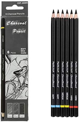 Pacific Arc Premium Charcoal Drawing Pencils for Artists - 6 pieces Soft Medium and Hard - Charcoal Pencils for Drawing, Sketching and Shading - Great Non Toxic Art Supplies Set