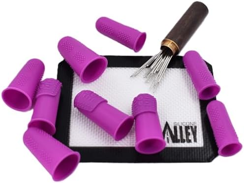 FLEX Thimbles | 9-Pack | 3X-Thick THIK-TIP Medium (3) + Standard Purple Finger Protectors 1x Thick - Small (3) and Large (3) | Mat (1) | Set of Large Eye Sewing Needles (1)