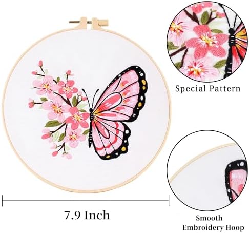 LB Butterfly Embroidery Kit for Beginners Adults, 3 Sets Hand Embroidery Starter Kit with Flower Pattern and Instructions Stamped Cross Stitch Kits Include Embroidery Hoop Needles Threads Scissors