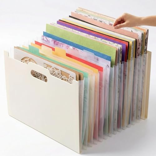 12x12 Scrapbook Paper Storage Organizer with 13 Expandable Pocket, Large Scrapbook Paper Storage for Craft Room Sticker Storage and Organization, Desktop Paper Holder (Cream)