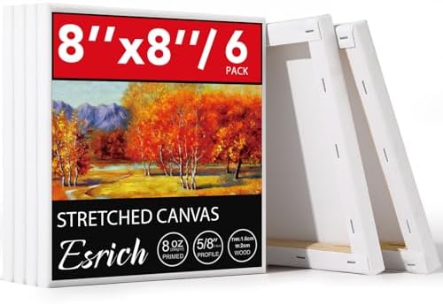 ESRICH Stretched Canvas, 6 Pack 8x8, Primed Acid-Free, Wood Framed Blank Canvas, Art Canvases for Beginners, Artists, Used for Oil, Acrylic Paint, Pouring Painting
