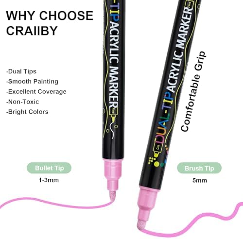 Craiiby 48 Colors Dual Tip Acrylic Paint Pens, Fine Tip & Dot Tip Acrylic Paint Markers, Water-Based Permanent Paint Pens for Rock Painting, Canvas, Glass, Ceramic, Wood, DIY Craft Art Supplies