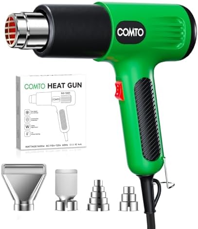 Heat Gun, 1600W Hot Air Gun with 2 Heat Settings, Green | 752°F/1112°F Dual Heat Control, 4 Metal Nozzles, Overheat Protection, PA66 Housing, 1.1lb Lightweight Design, Non-Slip Grip
