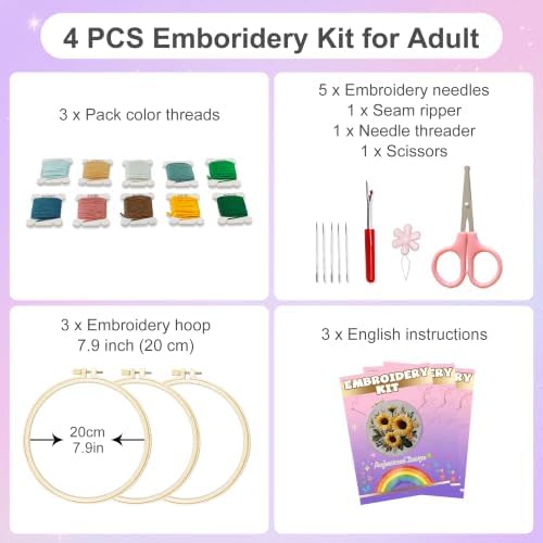 Huacan Embroidery Kit for Adults Beginners with 3 Hoops & Gift Box