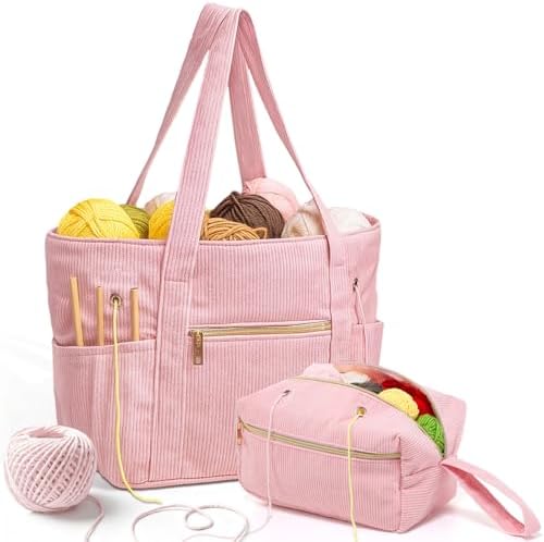 Bulyoou 2 Pcs Crochet Tote and Yarn Bag Set Corduroy Yarn Holder,Pink