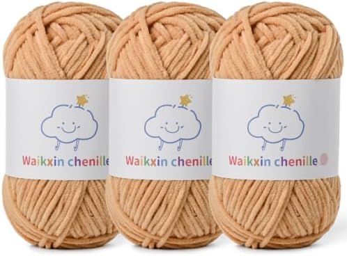 Skinny Chenille Yarn for Crocheting, 3 Pack of 1.75 oz/109 yds Amigurumi Yarn&Baby Yarn for Crocheting Soft, Fluffy Fingering Weight Velvet Yarn for DIY Crafts&Baby Blankets.(3 Khaki)