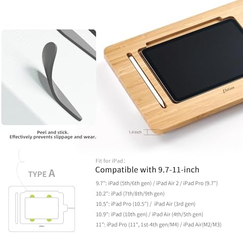 ELETIUO Adjustable Tablet Stand with Pencil&Charger Cable Slot,Bamboo Wooden Stand with Multiple Angles,Organizer Desktop Holder for Drawing,Compatible with ipads(Support to 9.7-11" Devices)