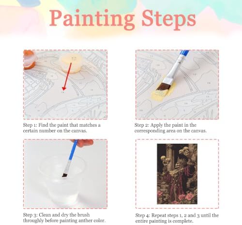 Auremi Paint by Number Kits with Framed Skeletons, DIY Horror Paint by Number Canvas for Adults, Easy Acrylic in Canvas with Brushes for Decor 20x30cm