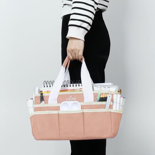JJRING Craft Organizer Tote Bag Art Storage Caddy Bluish Beige | With Multiple Pockets For Sewing, Scrapbooking, School, Medical, And Office Supplies